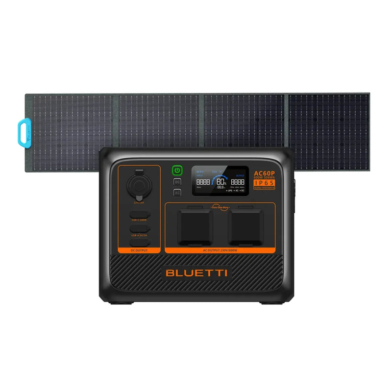 Bluetti AC60P Portable Power Station with solar panel for outdoor power solutions