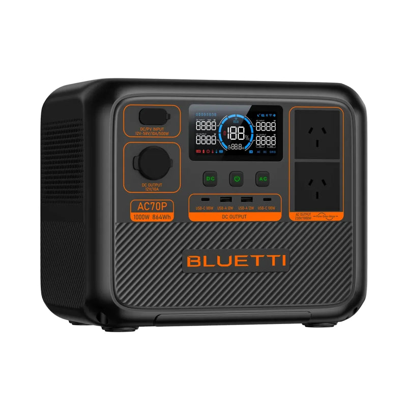 Portable Bluetti AC70P Power Station with digital display and multiple outlets
