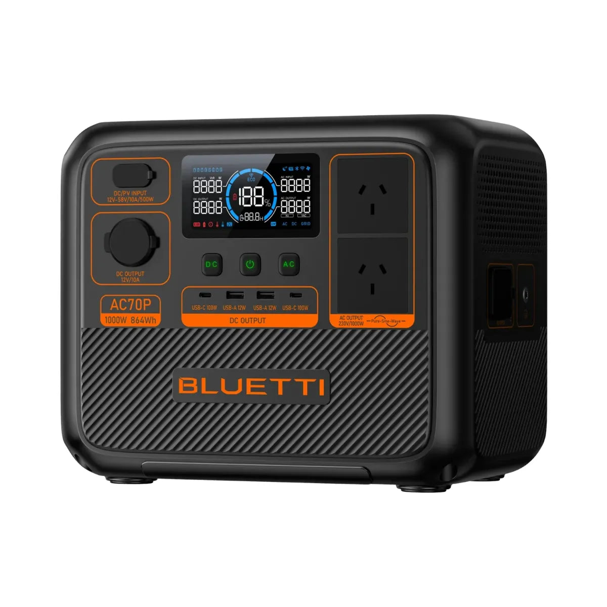 Bluetti AC70P power station with digital display and multiple outlets for versatile use