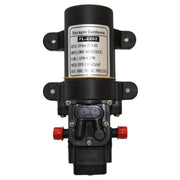 Black water pump with mounting brackets and technical specs label for Boab 40L Footwell Water Tank