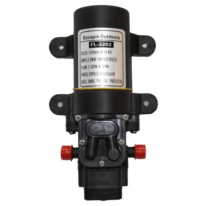 Black water pump with mounting brackets and technical specs label for Boab 40L Footwell Water Tank