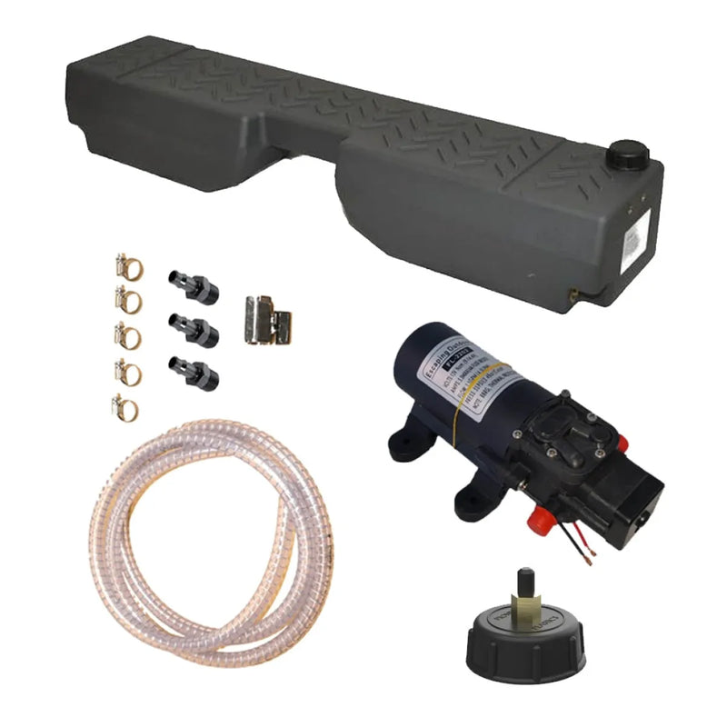 Black plastic footwell water tank with pump, hoses, and fittings for water storage
