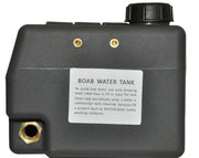 Black plastic water tank labeled BOAB WATER TANK with cap and connection ports for footwell water