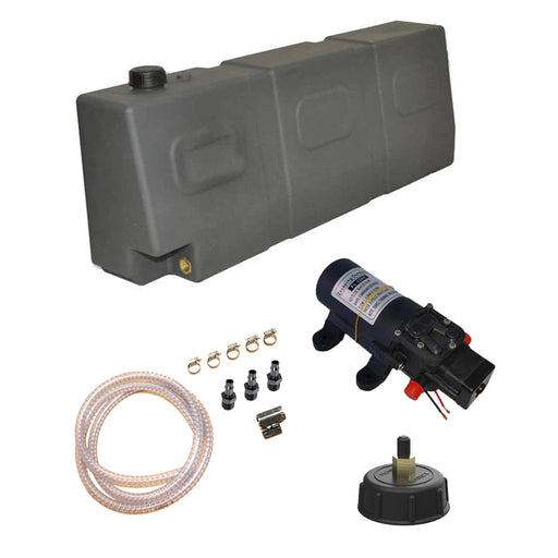 Gray plastic tapered water tank with pump and accessories for reliable water storage