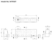 Technical schematic of Boab 50L Tapered Water Tank with measurements and dimensions