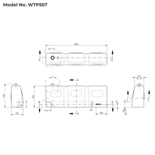 Technical schematic of Boab 50L Tapered Water Tank with measurements and dimensions