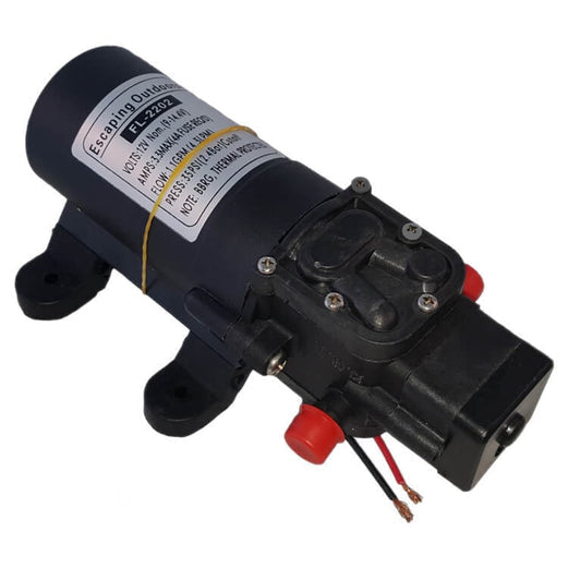 Black electric water pump with red connectors on Boab 55L water tank bundle