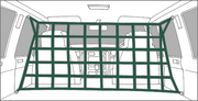 Green cargo barrier net installed in vehicle interior for added safety and security