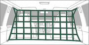 Green cargo barrier net installed in vehicle interior for added safety and security