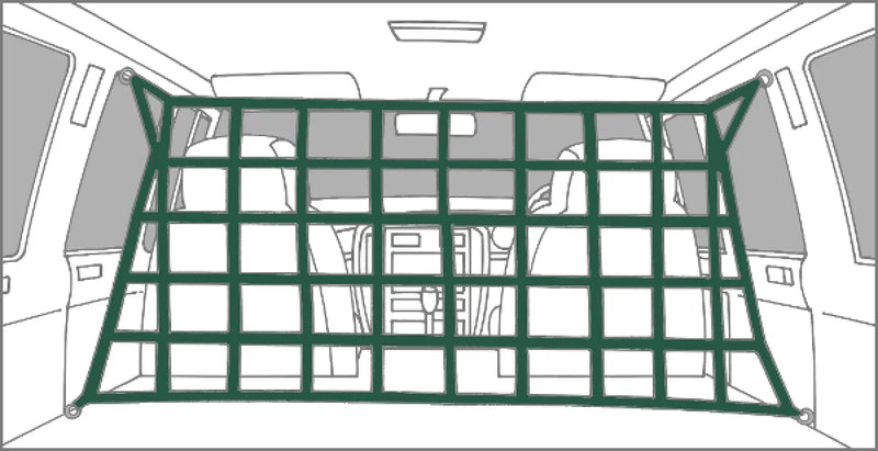 Green cargo barrier net installed in vehicle interior for added safety and security