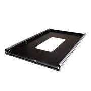 Black metal server rack sliding tray with rectangular cutout for heavy duty fridge slide