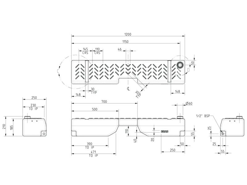 Technical drawing of Boab Poly 40L Water Tank with detailed measurements for remote regions