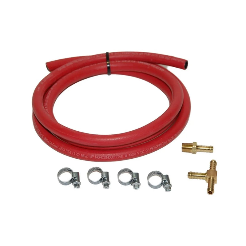 Red rubber hose with metal fittings for Diesel Tank Vent Extension Kit
