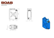 Blue jerrycan with technical drawings showing dimensions, ideal water storage companion