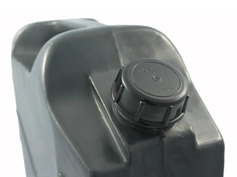 Gray plastic fuel can with black cap, robust 20l jerry ideal for water storage