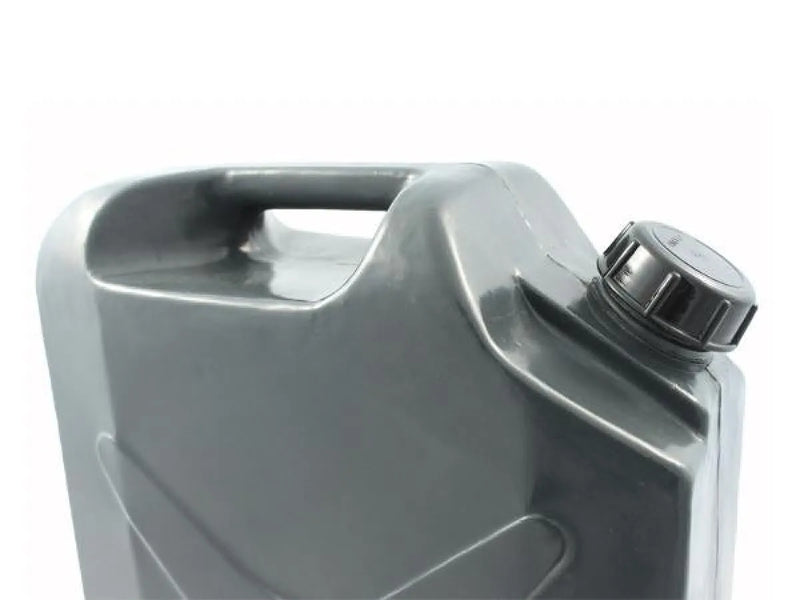 Gray plastic fuel or water container with black cap, robust 20l jerry ideal for water storage