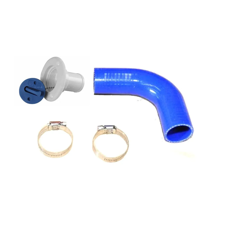 Blue silicone elbow pipe with white end cap and clamps for poly water tank fittings