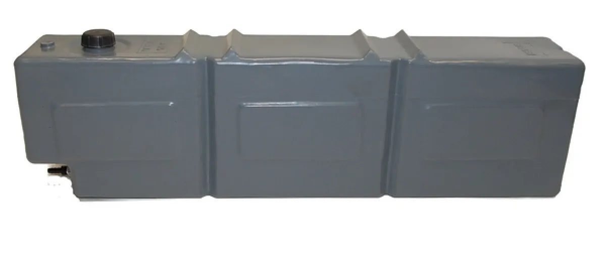 Gray plastic water tank with cap, ideal for poly water storage and Ute mounting