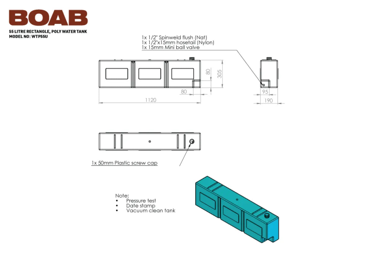 3D model of rectangular poly water tank with multiple compartments for Boab Poly Water Tank Ute Mount 55 Litre