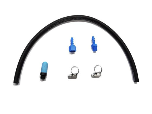 Black rubber hose with blue connectors and metal clamps for Poly Water Tank Vent Kit