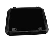 Black rectangular Bomar low profile hatch with rounded corners and latches in high impact resin