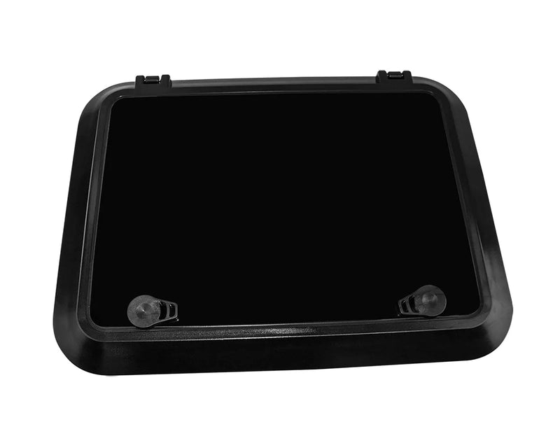Black rectangular Bomar low profile hatch with rounded corners and latches in high impact resin