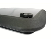 Corner of dark gray Bomar Low Profile Deck Boat Hatch with high impact resin insert