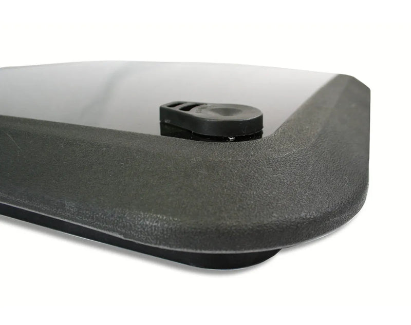 Corner of dark gray Bomar Low Profile Deck Boat Hatch with high impact resin insert