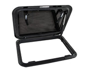 Rectangular black Bomar low profile deck hatch with hinged opening in high impact resin