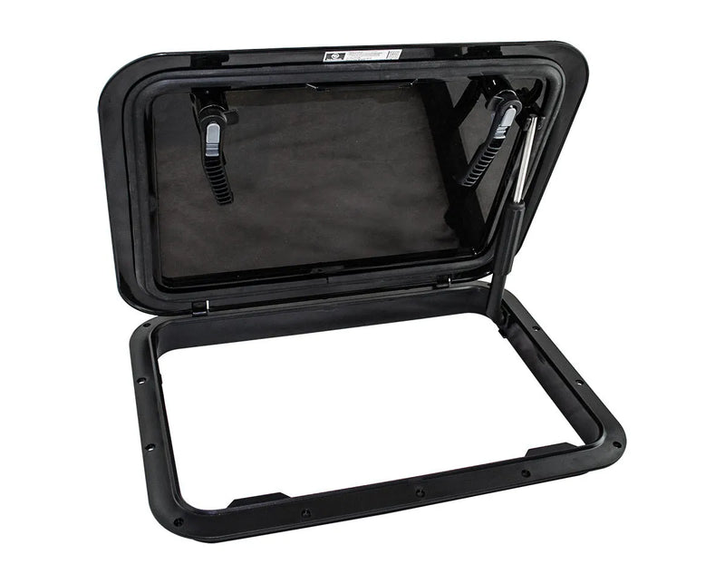 Rectangular black Bomar low profile deck hatch with hinged opening in high impact resin