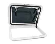 Bomar Low Profile Deck Boat Hatch with white frame and dark tinted glass, high impact resin