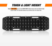 Black textured Bunker Indust recovery boards with white cutouts and orange accents