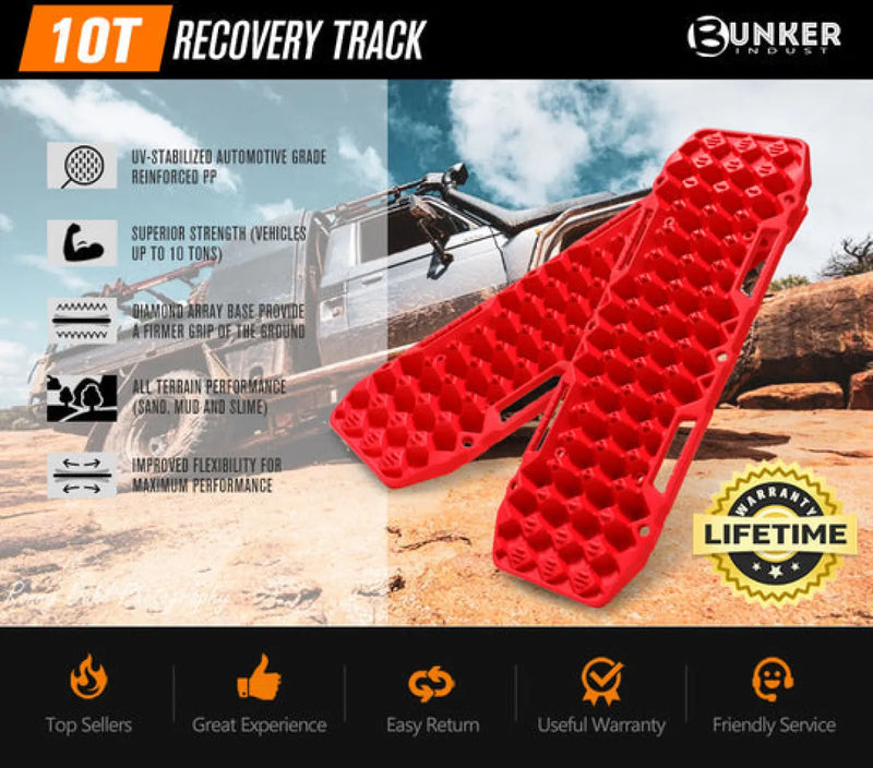 Bright red Bunker Indust recovery boards with textured honeycomb pattern for off-road recovery