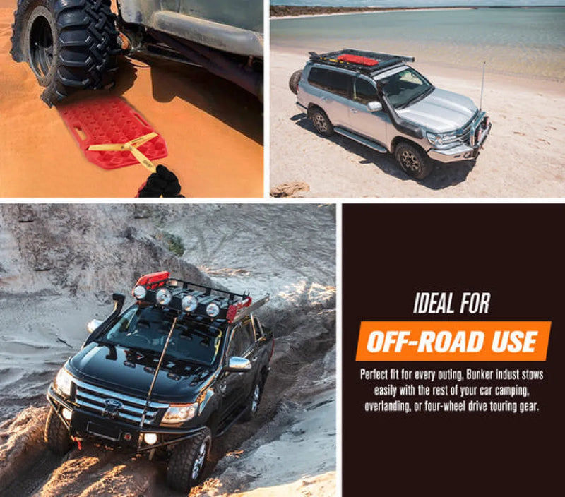 Off-road vehicle using Bunker Indust recovery boards for rugged terrain adventures
