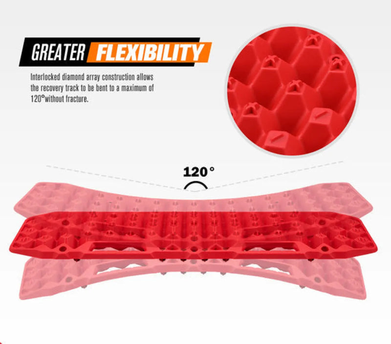 Red flexible Bunker Indust recovery boards with diamond-pattern traction track for vehicles