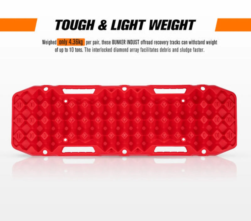 Red plastic Bunker Indust recovery boards with textured surface and cutout handles