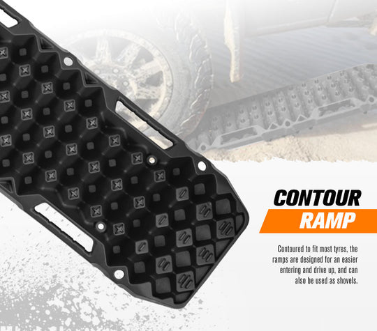 Textured black plastic bunker indust recovery boards with diagonal grooves and cutouts