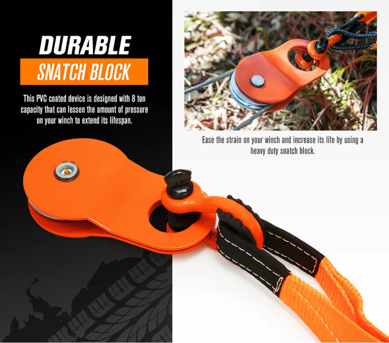 Bright orange snatch block with metal pulley and black strap attachment from Bunker Indust recovery kit