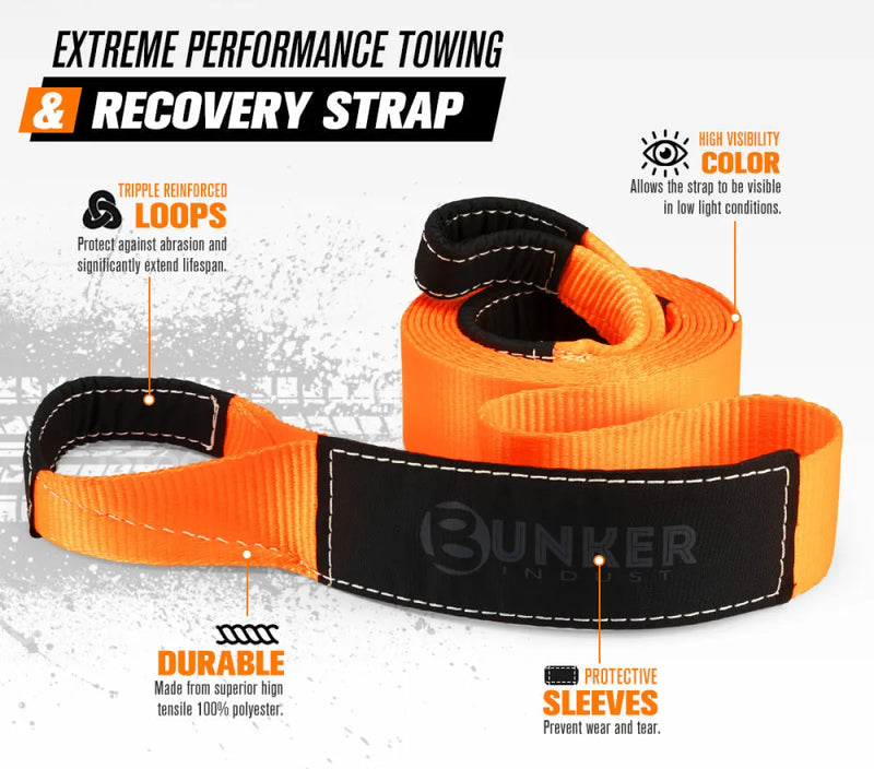 Bright orange tow strap with black reinforced ends from Bunker Indust recovery kit