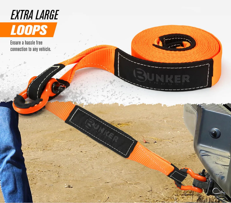 Bright orange Bunker Indust recovery kit tow strap with black reinforced loops and branding