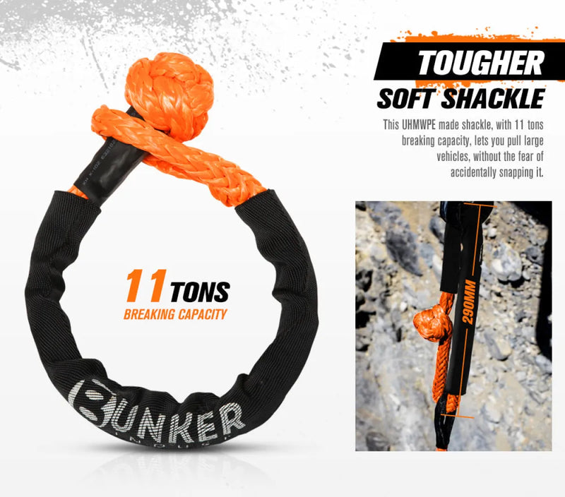 Circular black and orange Bunker Indust soft shackle recovery kit with 11-ton capacity