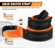 Heavy-duty orange and black Bunker Indust recovery kit tow strap with soft shackle