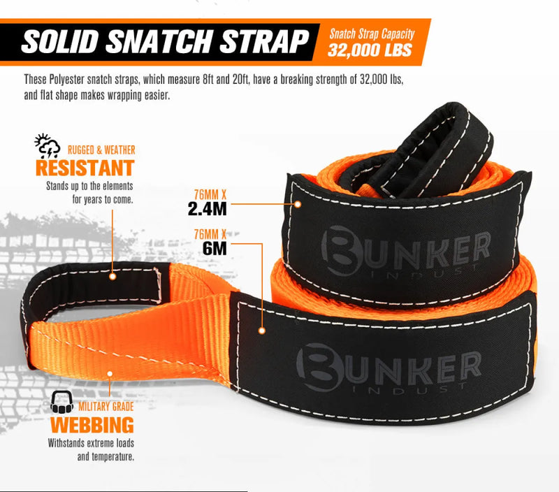 Heavy-duty orange and black Bunker Indust recovery kit tow strap with soft shackle