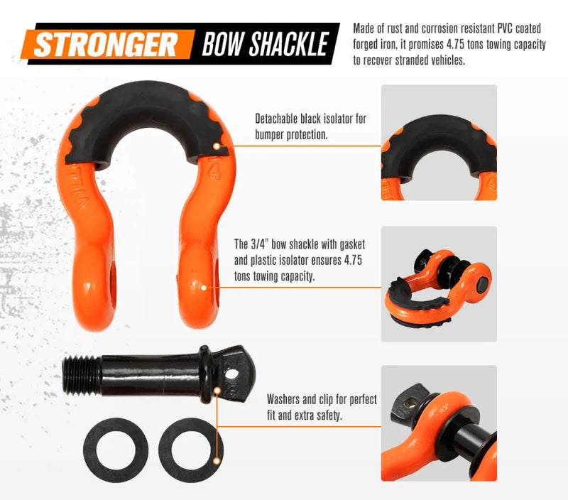 Orange and black bow shackle with detachable components from Bunker Indust recovery kit