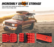 Maroon SUV with roof rack and Bunker Indust Recovery Tracks Mounting Kit driving on beach
