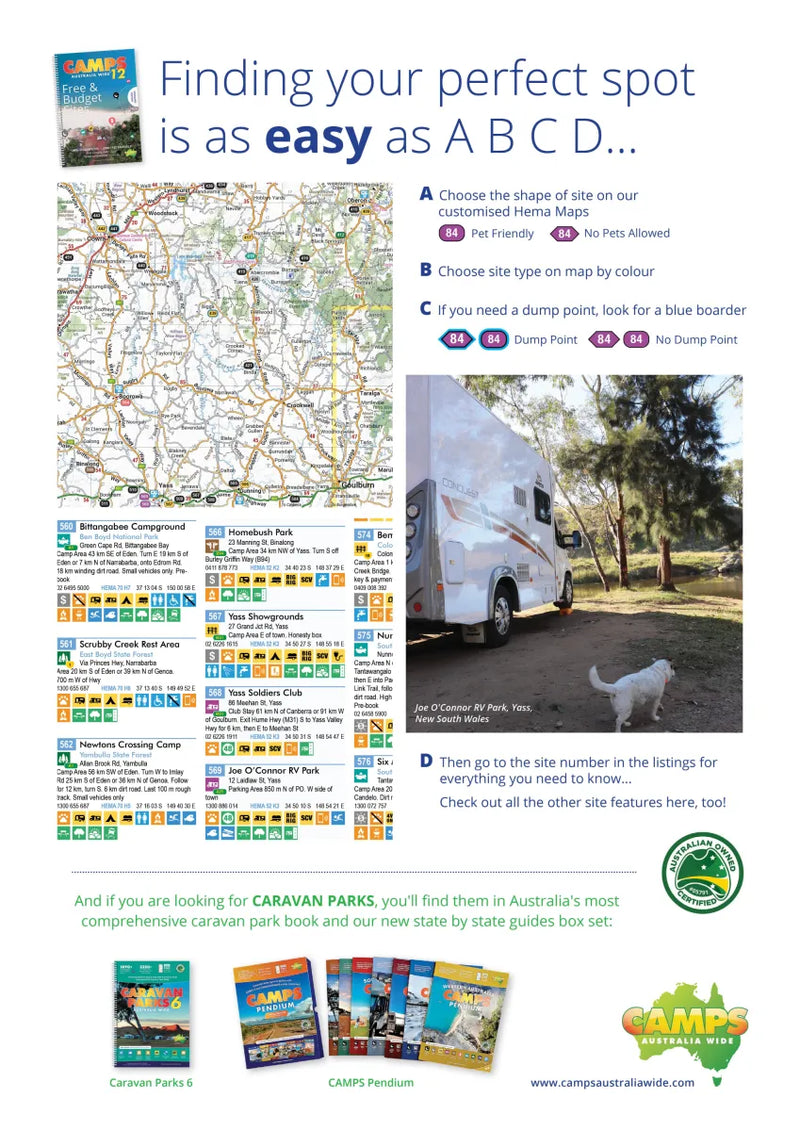 Camps Australia Wide Camps 12 Standard Edition A4 features campsite map and camper van with chicken