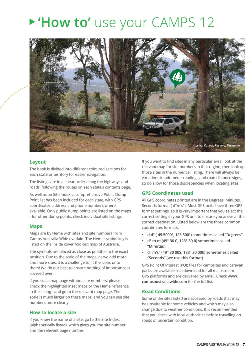 Instructional page on using Camps 12 vehicle in scenic outdoor setting for low-cost camping