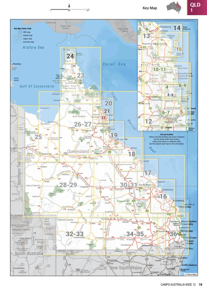 Map of Queensland highlighting cities, regions, and public dump points for low-cost camping