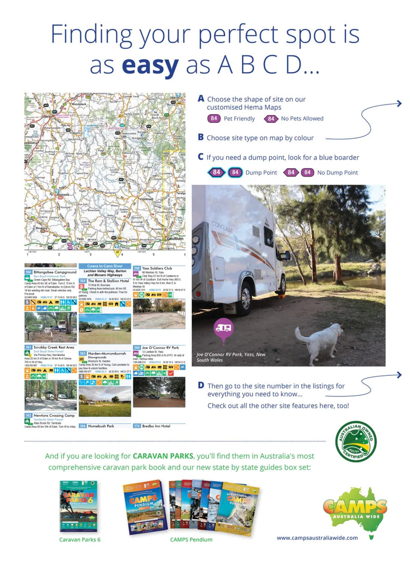 Advertisement for Camps Australia Wide featuring campsite photos and larger maps