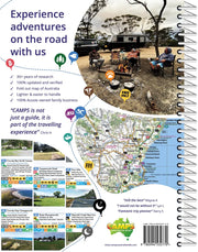 Book cover featuring road trip adventures, camping, larger maps, and campsite photos